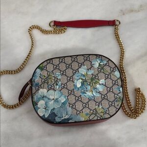 Gucci Blue Floral Crossbody Bag with Gold Chain